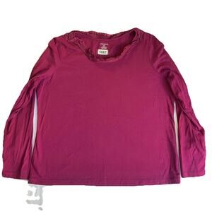 Lands' End Women Shirt L/P (14-16) Magenta Ruffle Round Neck Pullover